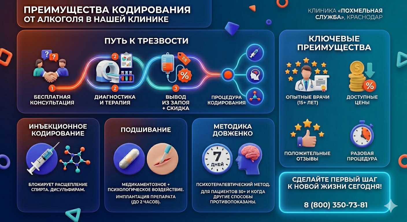 Инфографика о методах кодирования от алкоголя в Верхних Ачалуках: инъекции, подшивание, метод Довженко. Преимущества клиники и этапы лечения.