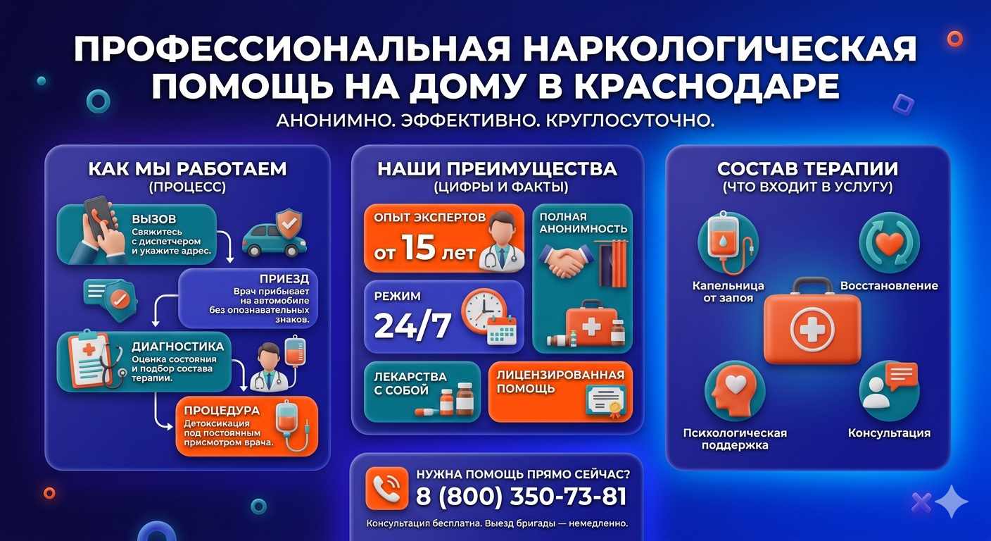 Инфографика о принципах лечения алкоголизма на дому в Верхних Ачалуках: этапы вызова нарколога, преимущества анонимной детоксикации и состав медицинской помощи.